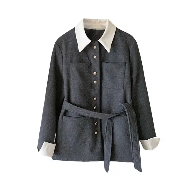 涂诗菲 赫本风设计感撞色翻领可拆卸胸针毛呢绑带收腰外套大衣 女款