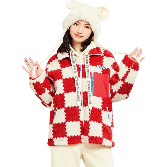 木果果木 格子口袋拉链绒感外套 女款 红白格