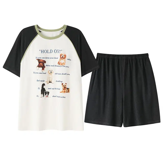 顶瓜瓜 可爱小狗字母短袖上衣家居服三分裤睡衣套装 女款
