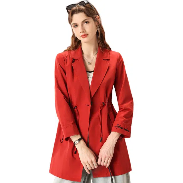 粉红玛琍 通勤纯色一粒扣长袖风衣 女款 锈红