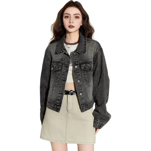 法文箱子 纯色翻领单排扣牛仔外套 女款 灰色