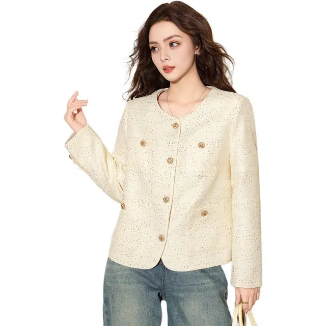 法文箱子 时尚简约舒适百搭圆领长袖截短外套 女款 米白色