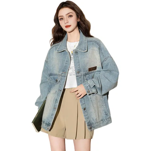 法文箱子 翻领单排扣长袖牛仔外套 女款 蓝色