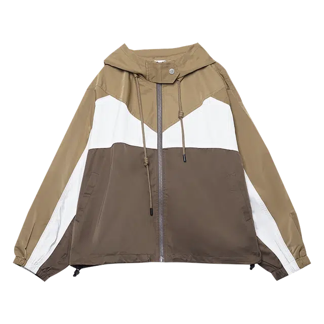 木果果木 春季 复古美式撞色设计时尚连帽女截短外套 宽松 女款 卡其