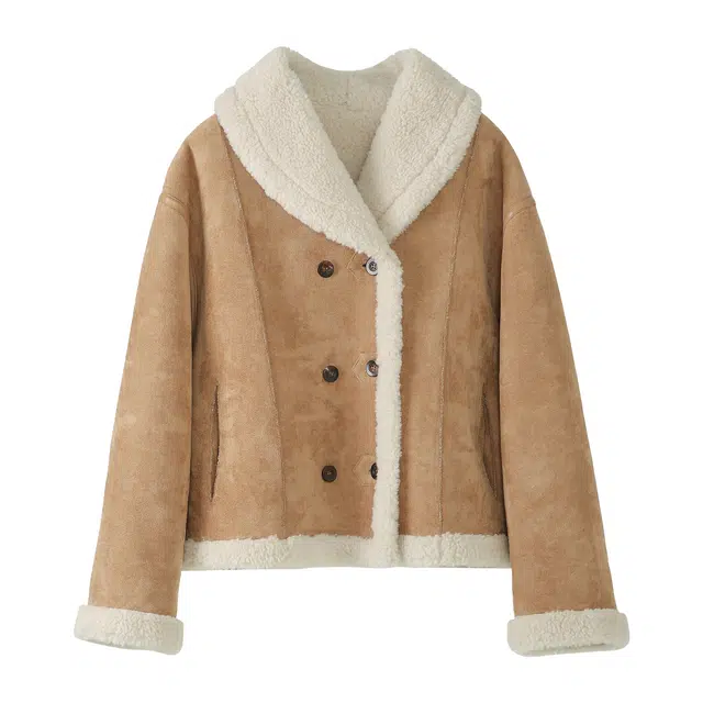 法儿家 姜饼人外套韩系温柔通勤双面穿羊羔毛上衣 女款 卡其色