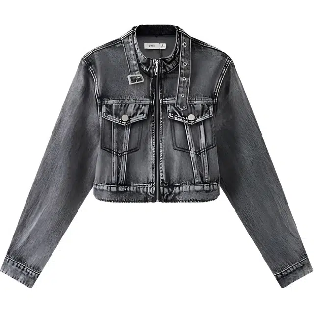 三福 简约立领拉链长袖牛仔外套 女款