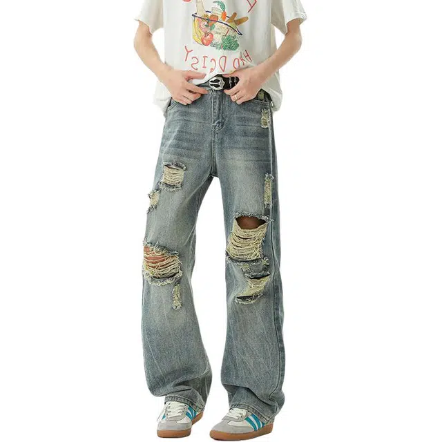 沃马 美式高街宽松直筒破洞拖地基础款舒适百搭牛仔裤 男女同款