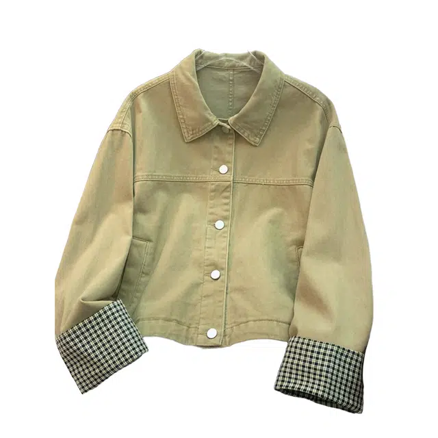 桴生 时尚袖口格子拼接宽松休闲百搭长袖牛仔外套 女款