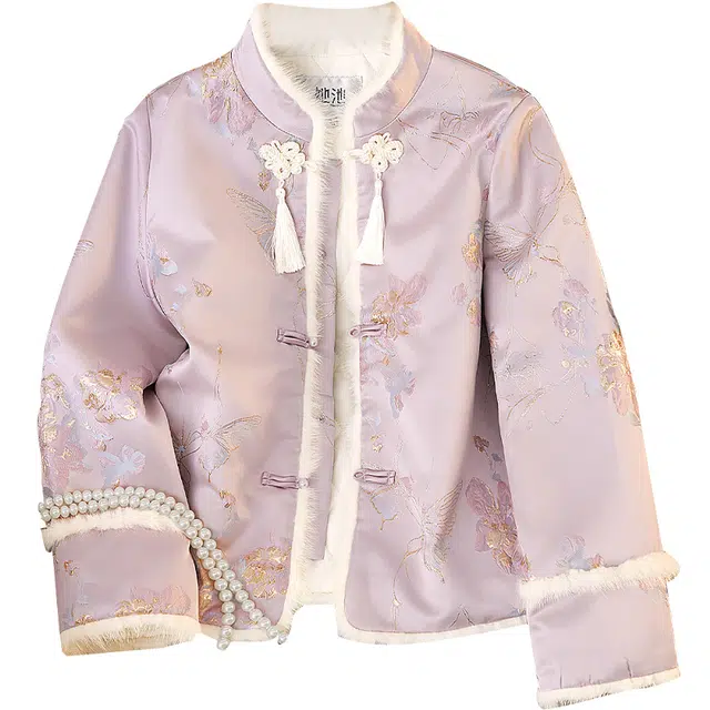 她池 新中式时尚国风提花短款长袖优雅棉服 女款 粉紫色