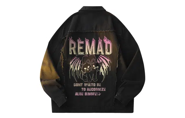 冰飞 美式学院风水洗做旧毛边拼接复古手绘抽象猫咪图案字母印花创意舒适时尚百搭牛仔外套 女款