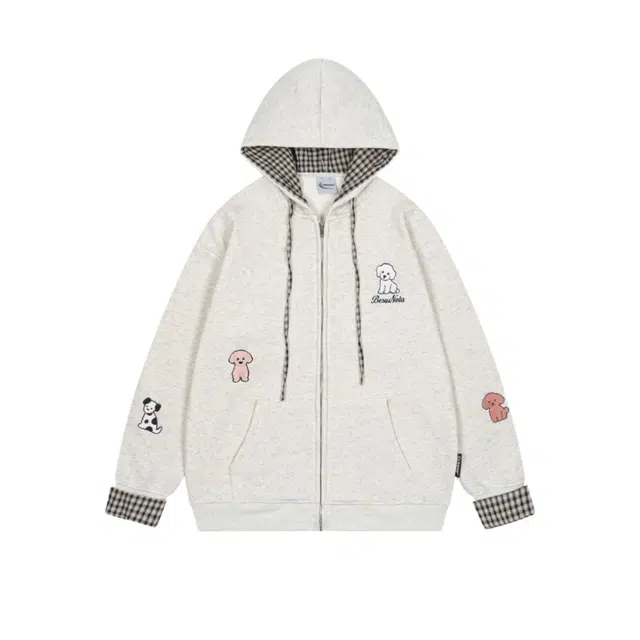 识恩 格子拼接复古刺绣学小奶狗学院连帽加绒宽松开衫外套女卫衣 女款