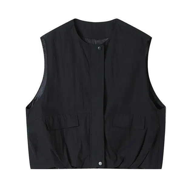 曲韩 圆领双口袋拉链设计休闲时尚短款无袖上衣洋气百搭外穿马甲 女款 黑色