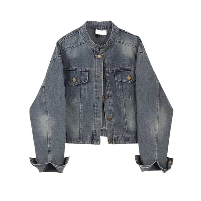 桴生 高级感立领设计感做旧宽松长袖牛仔外套 女款 复古蓝