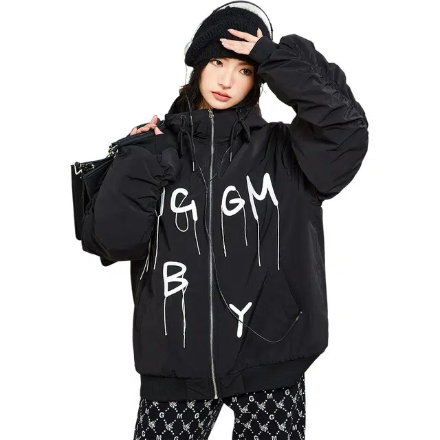 木果果木 复古美式时尚连帽拉链绒感外套 女款 黑色