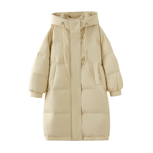 花栗鼠小姐 甜美少女风防风抽绳连帽松紧袖纯色百搭宽松长款轻薄棉服 女款