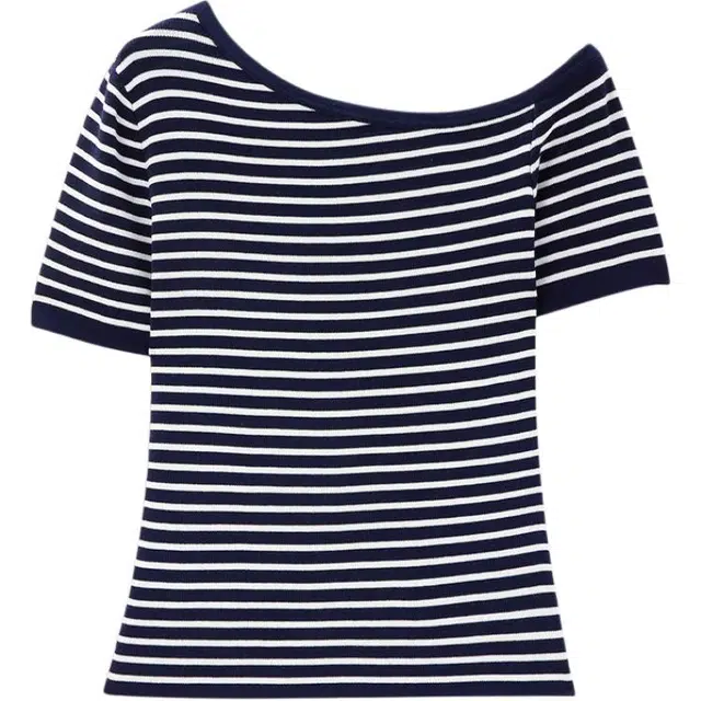 爱依服 韩版成熟条纹短袖针织衫 女款