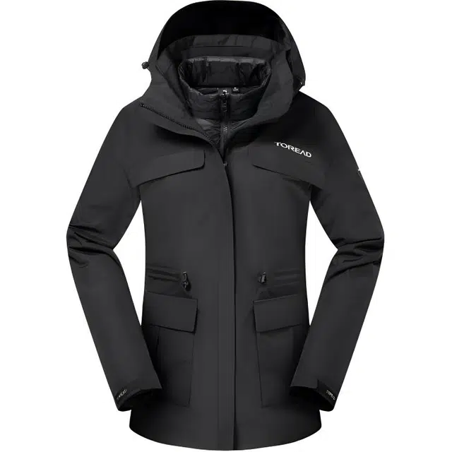 探路者  运动休闲简约纯色  防水防风保暖冲锋衣 女款 黑色