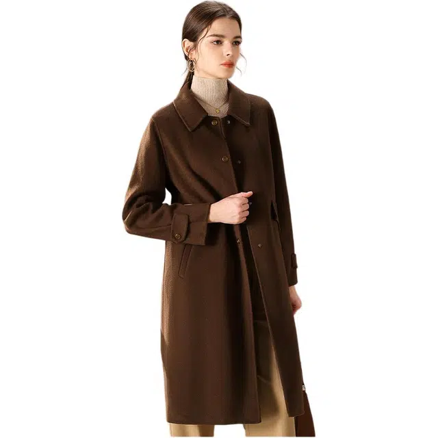 粉红玛琍 翻领中长款双面呢百搭大衣 女款 咖色