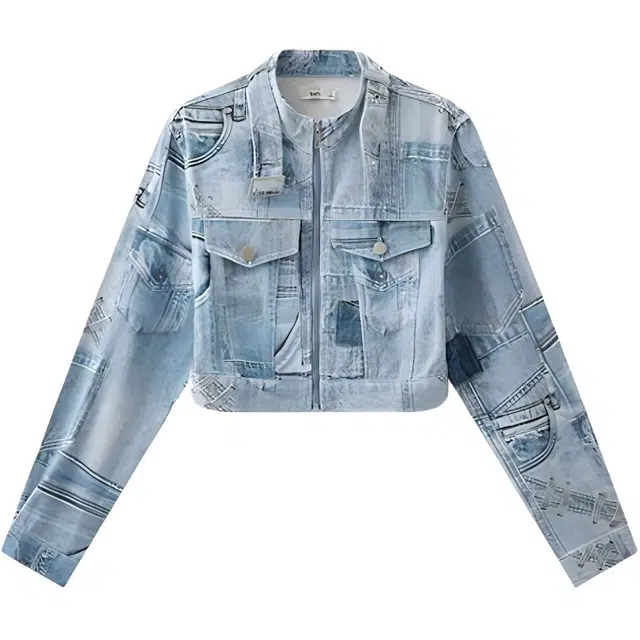 三福 简约立领拉链长袖牛仔外套 女款