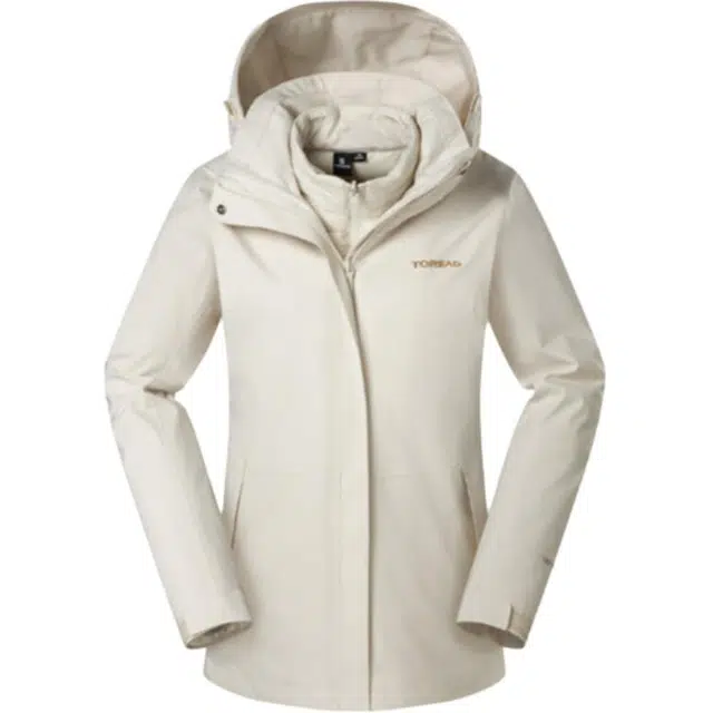 探路者  运动休闲简约纯色连帽  防水冲锋衣 女款 米色