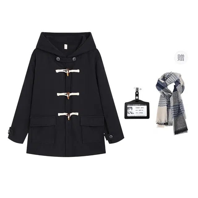 冰淇淋与鲸 学院风经典基础款夹棉纯色牛角扣连帽加厚休闲外套中长款大衣 女款