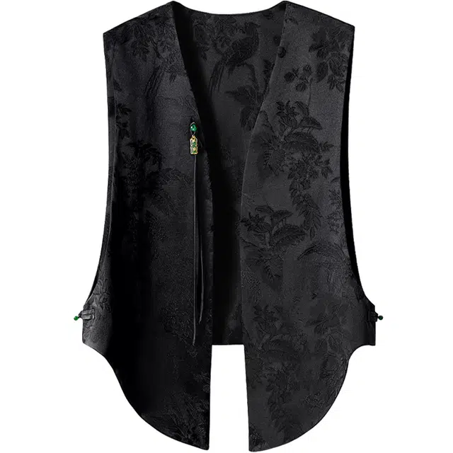 丝柏舍 新中式不规则纯色提花气质宽松复古外搭马甲 女款 黑色