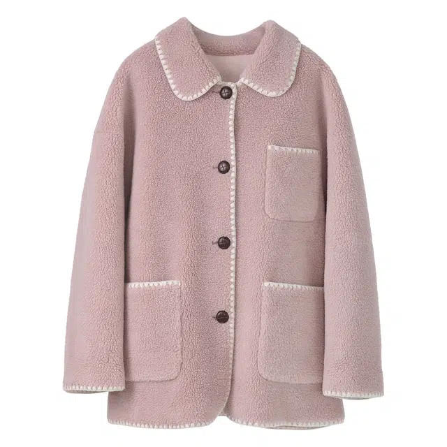 法儿家 草莓甜豆色鹿皮拼色上衣秋冬羊羔毛外套 女款 粉色