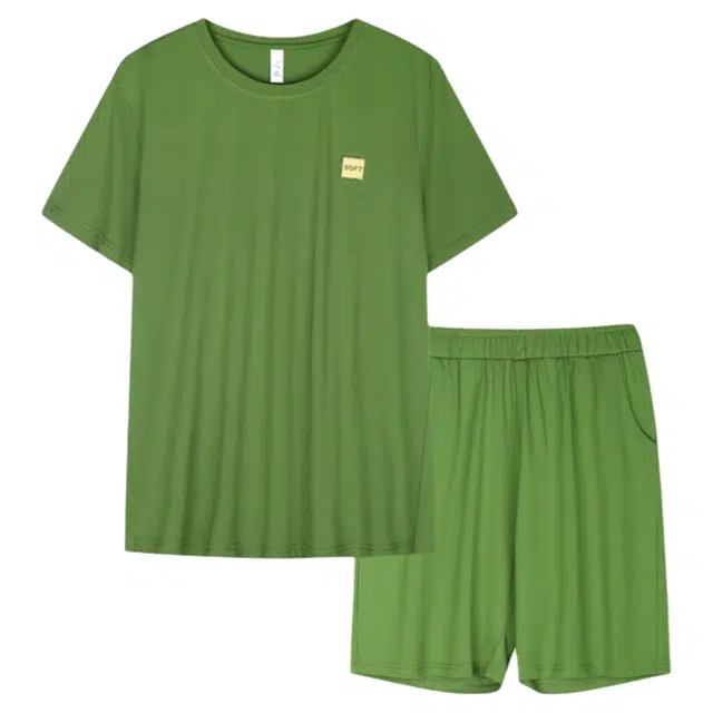 潞优野 纯色圆领简约上衣薄款透气五分裤睡衣套装 男款