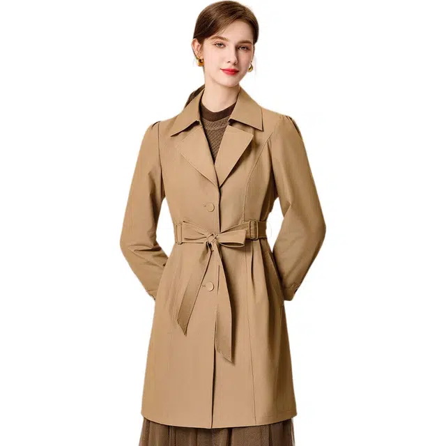 粉红玛琍 收腰纯色气质长袖风衣 女款 驼色