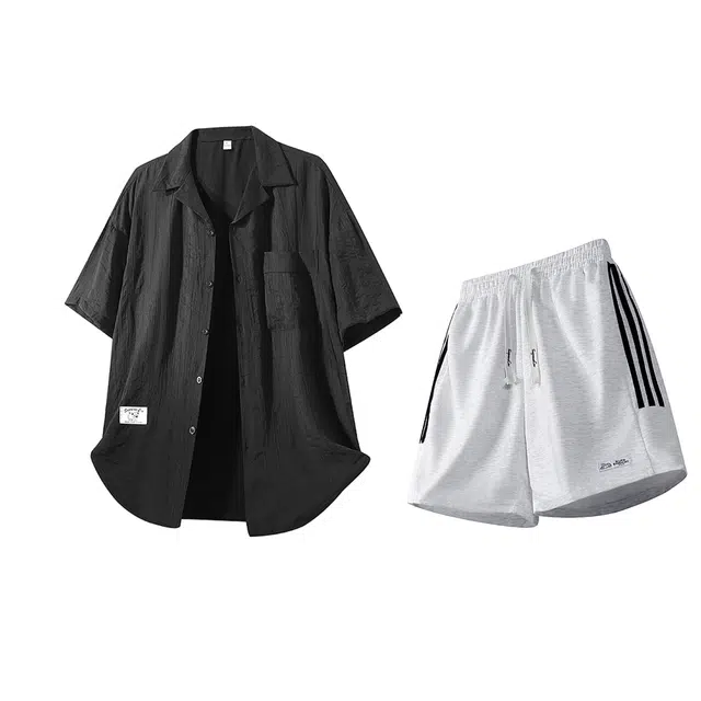 吾皇猫 美式高街仿亚麻面料舒适亲肤夏季冰丝凉感短袖五分裤日常通勤穿搭一整套衬衫套装 男女同款