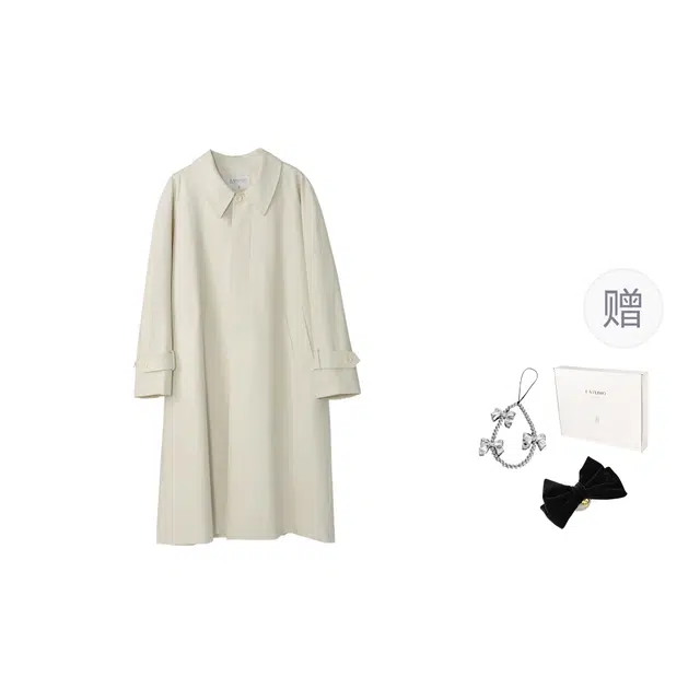法儿家 纯色翻领宽松长袖风衣 女款 米白色