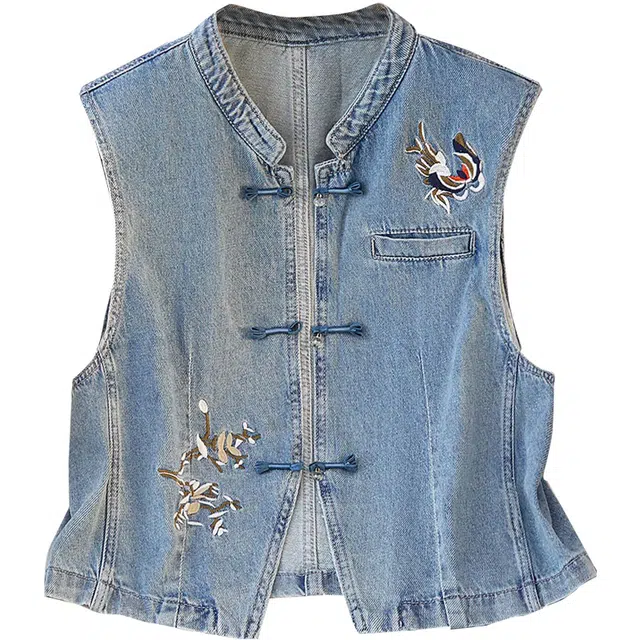 她池 新中式立领刺绣单排扣宽松马甲 女款 浅蓝色