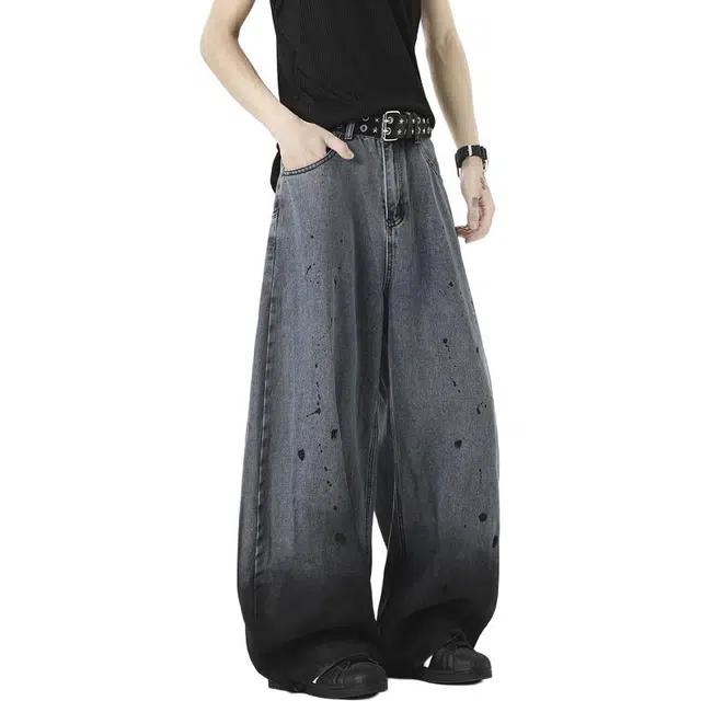 沃马 宽松直筒休闲美式高街水洗做旧泼墨设计牛仔裤 男女同款