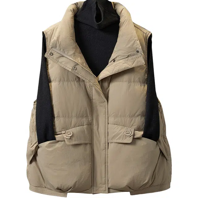 她池 休闲风宽松款简约立领拉链短款马甲 女款 浅咖色