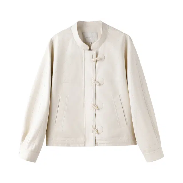 花栗鼠小姐 牛角扣 经典百搭时髦温柔小立领配色牛角扣设计感菱形肌理感压纹宽松可调节下摆皮衣 女款