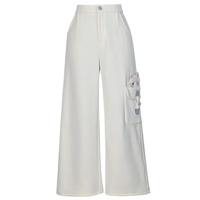 森女部落 原创萌趣猫咪设计感加绒直筒宽松休闲裤 女款 白色