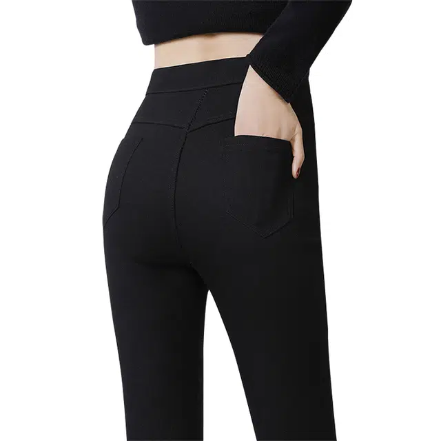 丝柏舍 简约修身加绒纯色铅笔长款高腰保暖休闲裤 女款 黑色