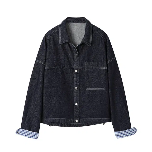 曲韩 曲韩 下摆抽绳宽松牛仔衣外套 女款 丹宁黑