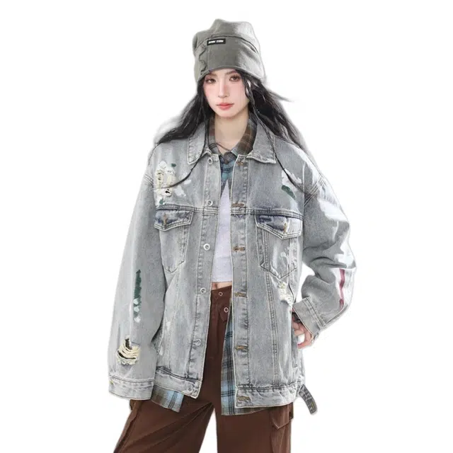 欧阳喜 水洗潮牌高街设计感宽松翻领长袖牛仔外套 女款 蓝色