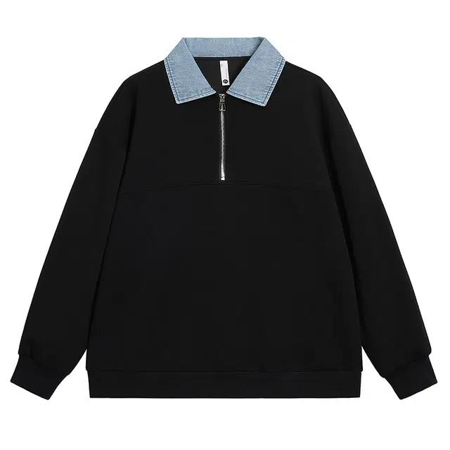 曲韩 日系复古学院风半拉链长袖国潮宽松拼接牛仔上衣卫衣 男女同款