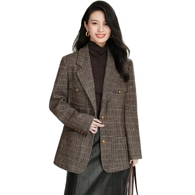 丝柏舍 中长款西装领格子气质单排扣绵羊毛小个子长袖大衣 女款 深咖人字纹