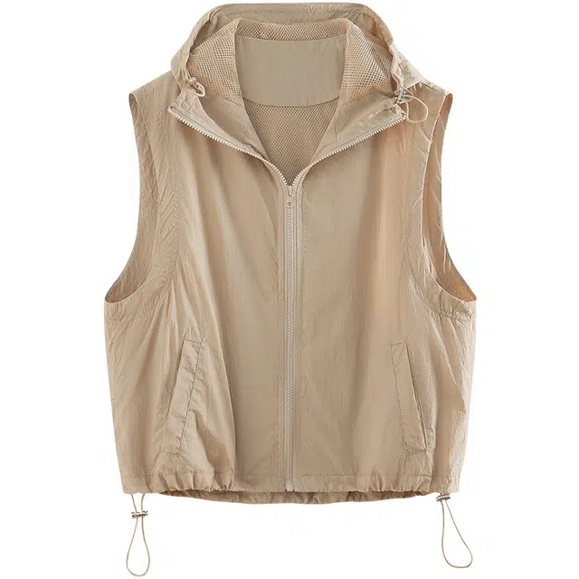 她池 连帽叠穿宽松通勤纯色马甲 女款 深卡其