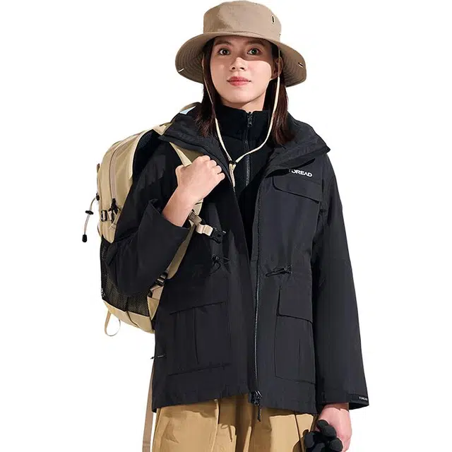 探路者  休闲舒适字母三合一  防风耐磨保暖防静电冲锋衣 女款 黑色