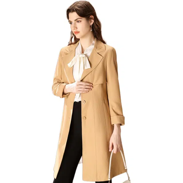 粉红玛琍 纯色中长款单排扣舒适长袖风衣 女款 卡其