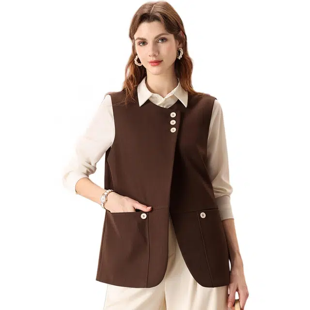 粉红玛琍 纯色宽松通勤马甲 女款 咖色