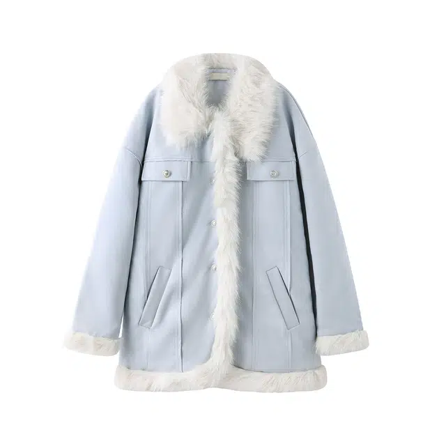 花栗鼠小姐 冬日恋歌 韩系甜美少女感鹿皮拼接长绒毛重工夹棉日常百搭宽松绒感外套 女款 雾霾蓝