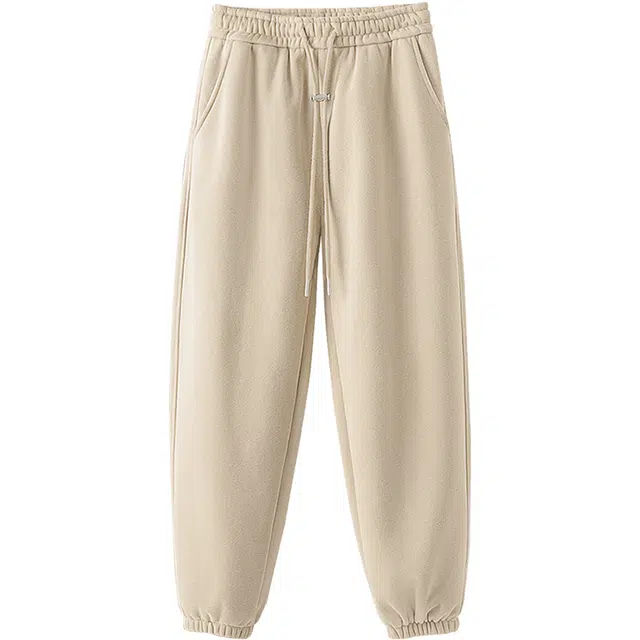 丝柏舍 抽绳松紧高腰纯色宽松加绒束脚简约九分休闲裤 女款 杏色