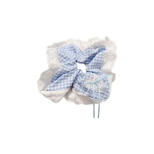 水中玉 蓝色格子蝴蝶结蕾丝方巾大肠发圈扎头发绳可爱甜美发饰 布艺 头绳 女款
