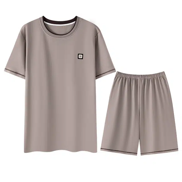 向薇 纯色休闲可外穿运动圆领透气居家服短袖睡衣套装 男款