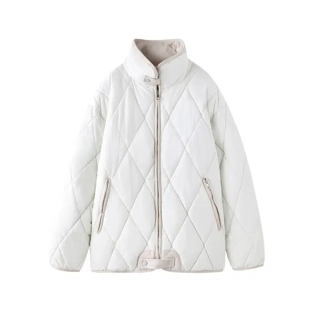 花栗鼠小姐 韩系日常简约百搭设计感立领菱格夹棉加厚宽松直筒羽绒棉服 女款 米白色